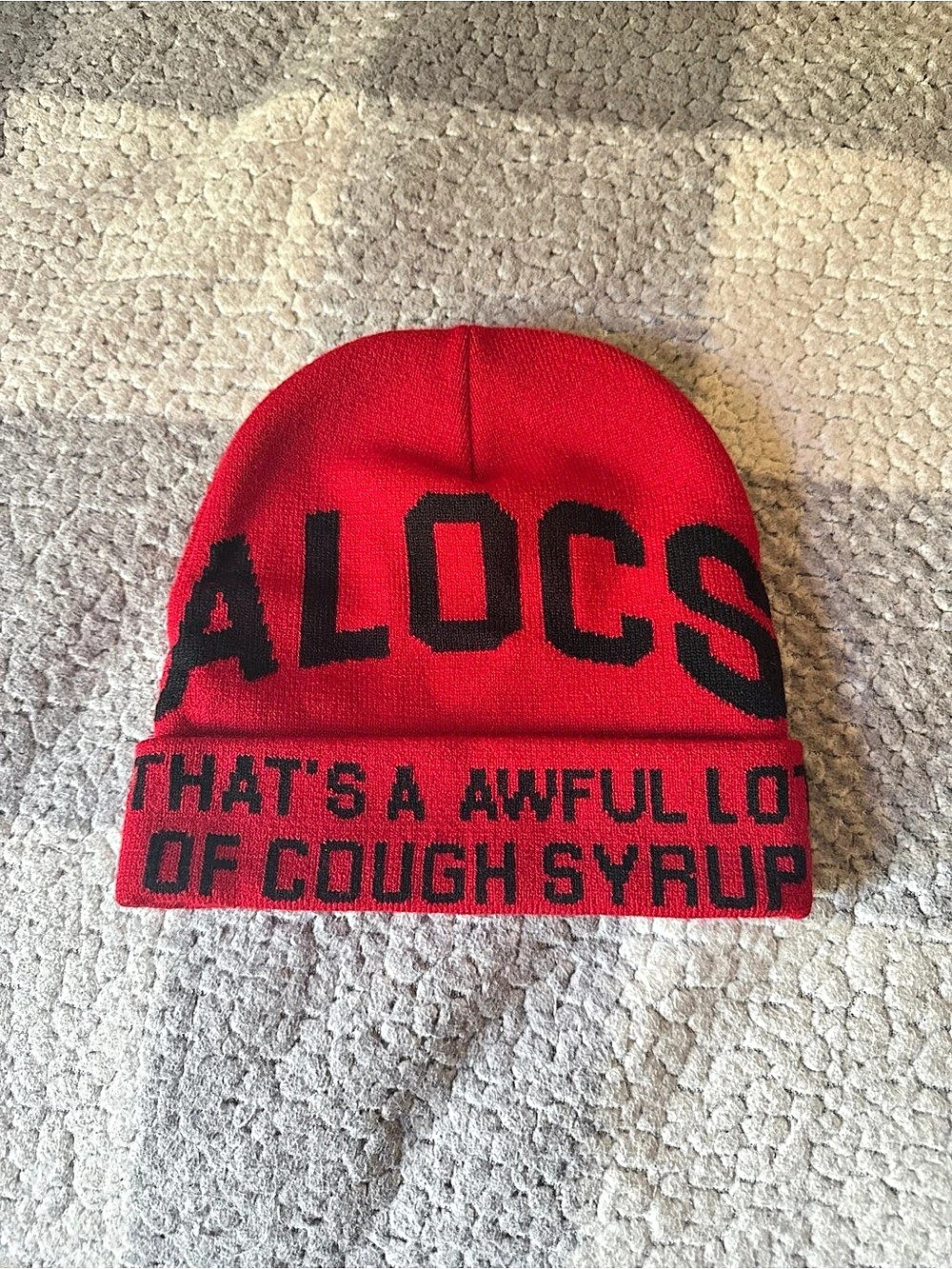 Red "That's A Awful Lot Of Cough Syrup" Knit Beanie